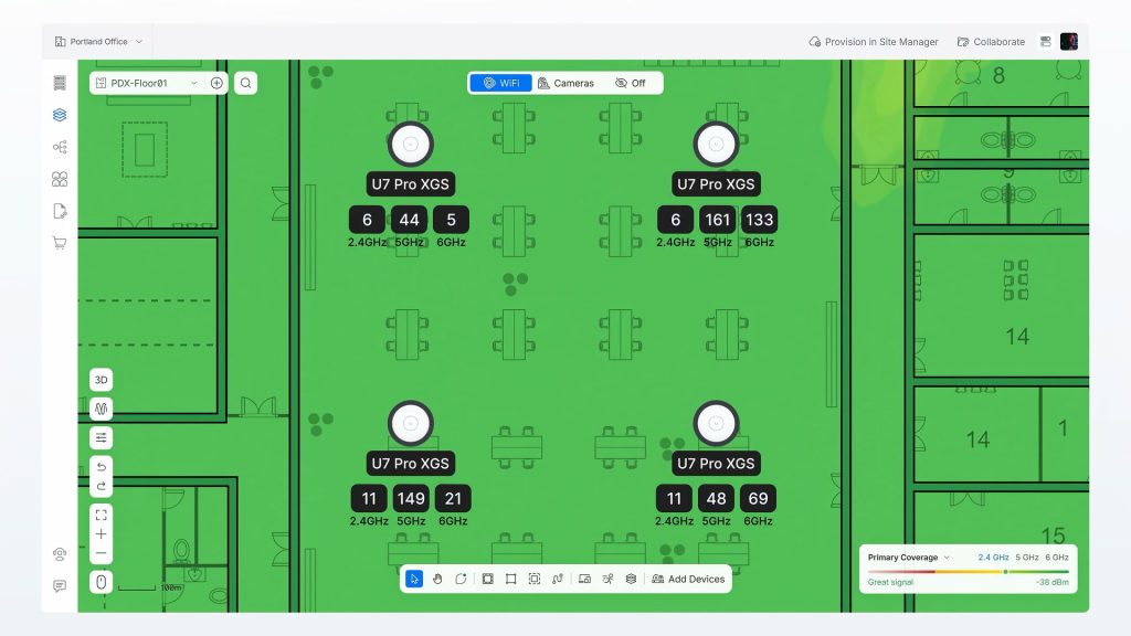 UniFi Design Center floor plan showing Wi-Fi coverage heatmap and access point placement
