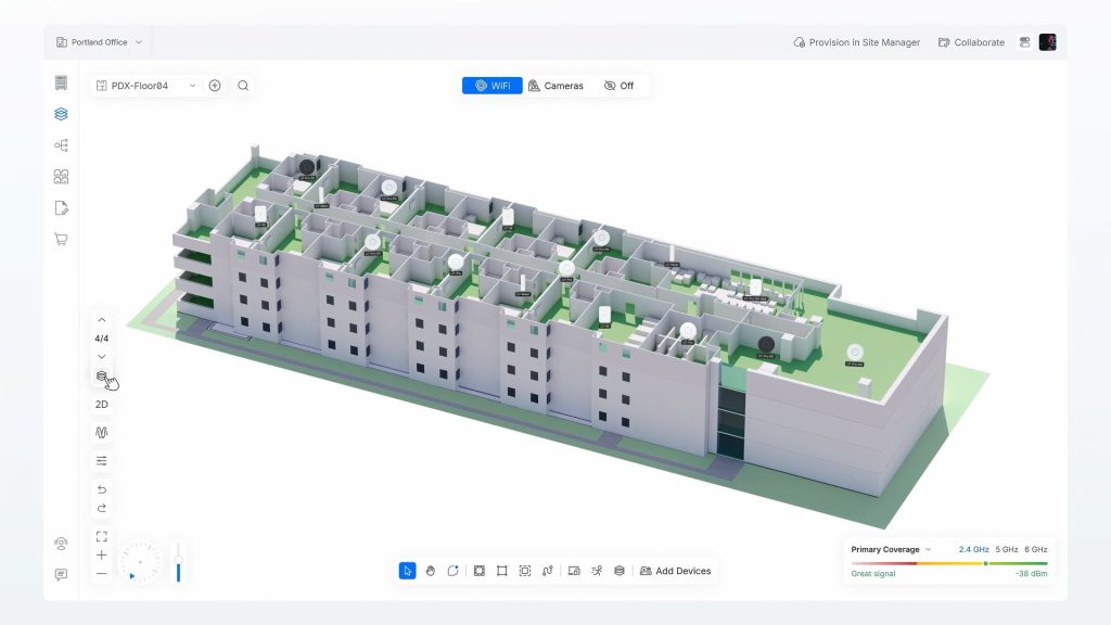 UniFi Design Center 3D building model with Wi-Fi coverage