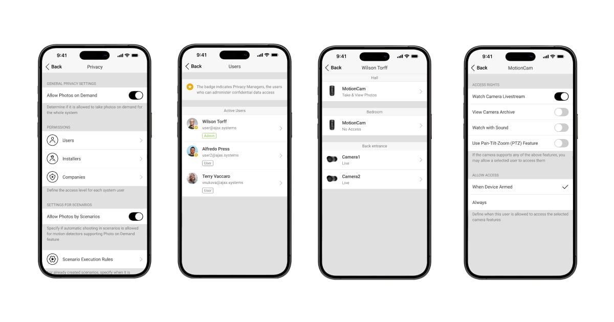 Ajax app privacy settings controlling who can view each camera